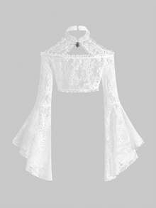 ROMWE Goth 哥特式宫廷风喇叭袖薄纱蕾丝露脐吊带上衣 - 白色 - 查看 2