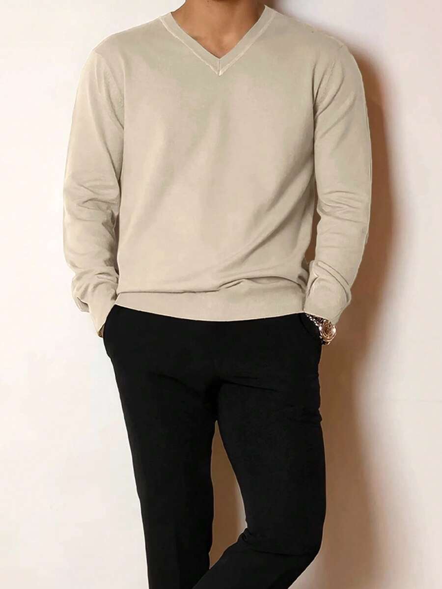 Manfinity Homme Jersey de cuello en V de unicolor, versátil, de manga larga para hombre, para primavera, otoño e invierno - Albaricoque - Ver 1