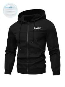 Manfinity Homme Men's Plus Size Letter Print Hooded Long Sleeve Outdoor Windbreaker Jacket With Drawstring, Going Out Letter Casual Lightweight Jacket, For Friends, Husband, Boyfriend Gifts, Fall - Black - View 1