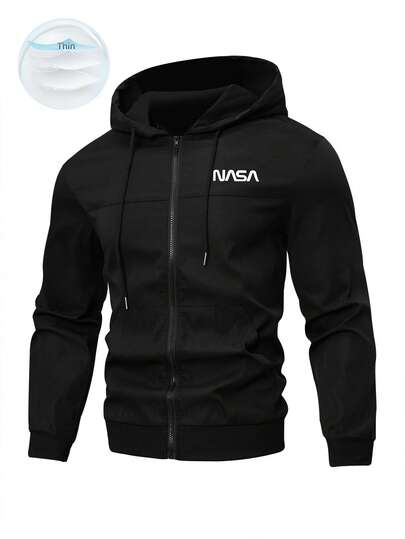 Manfinity Homme Herr Plus Size Bokstavstryck Huva Långärmad Outdoor Windjacka med Dragsko, Utekväll Bokstavstryck Casual Lättviktsjacka, För Vänner, Make, Pojkvän Presenter, Höst