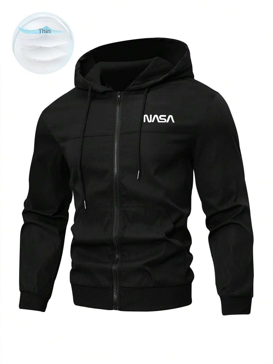 Manfinity Homme Men's Plus Size Letter Print Hooded Long Sleeve Outdoor Windbreaker Jacket With Drawstring, Going Out Letter Casual Lightweight Jacket, For Friends, Husband, Boyfriend Gifts, Fall - Black - View 1