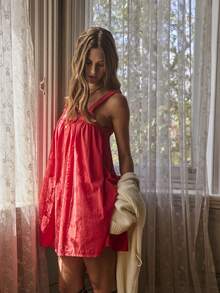 Aralina 女士睡衣 刺绣吊带细节 A 字娃娃睡裙 纽扣前襟，圣诞节和情人节可爱睡衣 - 紅色 - 查看 9