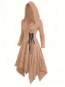 EMERY ROSE Knitted Casual Cinched Waist Long Sleeve Asymmetrical Hem Hooded Solid Color Dress - Khaki - View 1