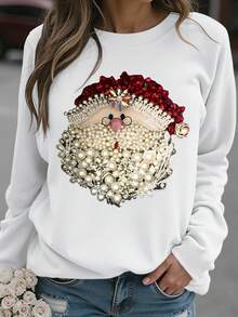 EMERY ROSE Camiseta de manga larga con cuello redondo y estampado de Papá Noel, de talla grande, informal para otoño - Blanco - Ver 3