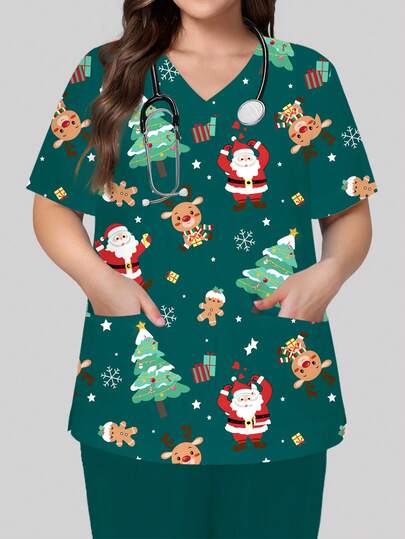 PopScrub 大码女式V领短袖双口袋可爱圣诞老人、圣诞树、雪人、雪花卡通印花护士/医生工作服上衣，多口袋功能性工作服