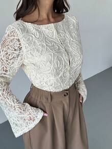 Firerie 女士优雅精致浪漫约会通勤新款纹理面料长袖杏色衬衫，秋冬款 - 杏色 - 查看 7