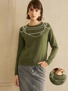 EMERY ROSE Women's Arctic Fleece Regular Fit Pearl Decorated Everyday Sweater    Sweater Winter Clothes - Green - View 2