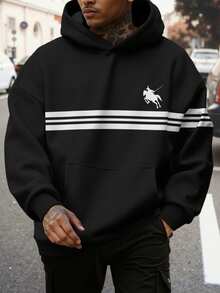 Manfinity Men's Autumn Casual Hooded Sweatshirt With Horse Logo Striped Print, Long Sleeve Pullover Pullover Sweatshirt - Black - View 1