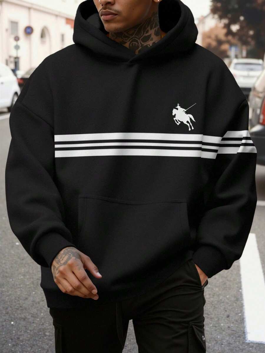 Manfinity Men's Autumn Casual Hooded Sweatshirt With Horse Logo Striped Print, Long Sleeve Pullover Pullover Sweatshirt - Black - View 1