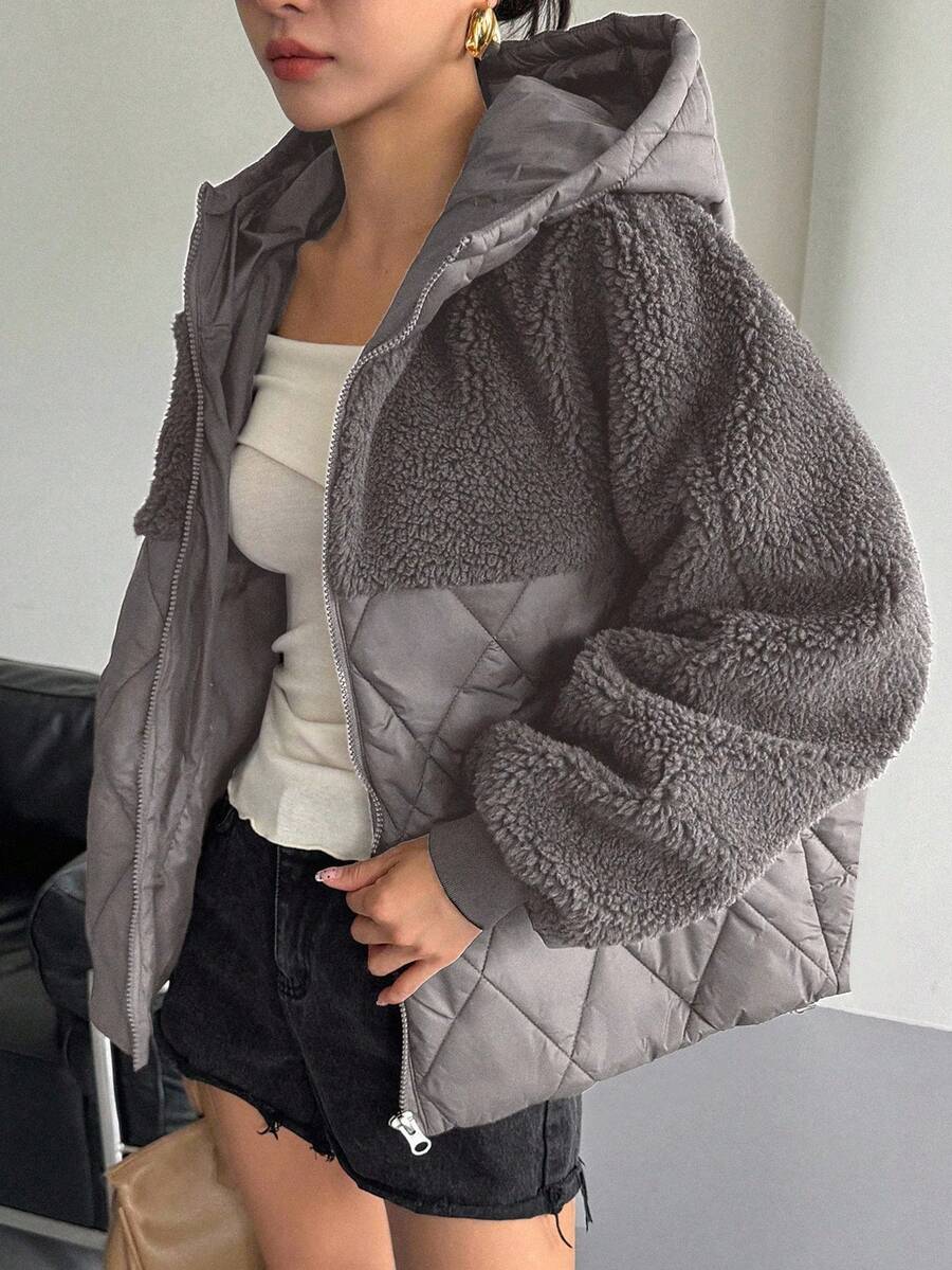 DAZY 女款秋冬拼接千鸟格短款羊毛夹棉大衣 - 深灰色 - 查看 1