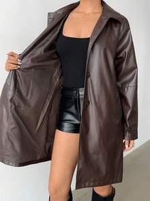 Jeanoix Women Mid-Length Brown Leather Trench Coat, Suitable For New Year, Winter, Brown, Thanksgiving - Brown - View 6