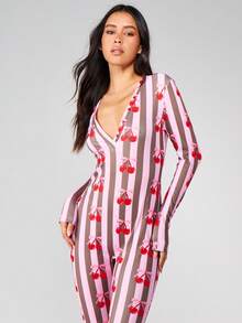 MISSGUIDED Long Sleeve Cherry Print Striped V Neck Romper Jumpsuit With Full Length Legs For Spring Summer - Multicolor - View 3
