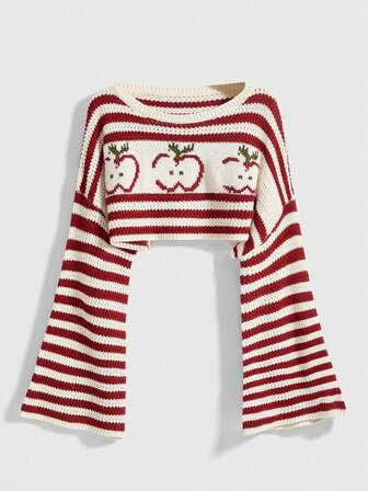 Kawaii Plus Size Cute Apple Pattern Cropped Loose Knit Sweater