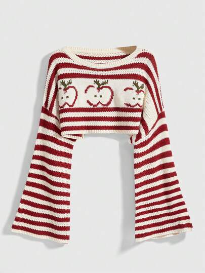 Kawaii Plus Size Cute Apple Pattern Cropped Loose Knit Sweater