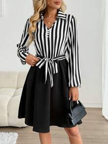 SHEIN LUNE Women's Black And White Striped Patchwork Long Sleeve Waist Cinched Dress,Autumn Elegant Office Outfits,Business Casual Dress Shirt Fall Clothes - Multicolor - View 9