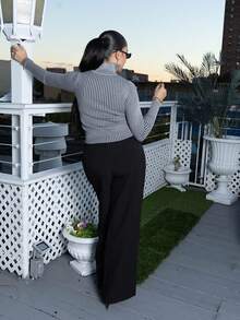 Melissa Matos Ribbed High Neck Zip Up Cardigan Spring Casual Y2k 90's Stripe Cute Airport Holiday Summer Vacation Fall Back To School Autumn Winter Everyday Christmas Work Office - Dark Grey - View 2