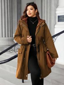 EMERY ROSE 时尚休闲复古优雅舒适撞色拼接腰部收紧棉服外套 - 棕色 - 查看 7