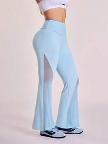 Sovereign Charm Pantaloni sport de yoga cu design evazat din plasă, model patchwork, pentru femei - Albastru - Vizualizare 5