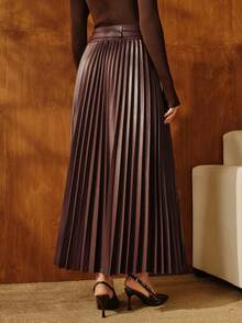 Anewsta 复古百褶A字裙，咖啡色，秋冬款，风琴褶设计，PU腰带装饰，简约风格，中长款 - 咖啡棕 - 查看 3