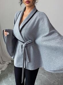 SHEIN Franclia 女士优雅灰色翻领保暖收腰羊毛斗篷外套，秋冬 - 灰色 - 查看 5
