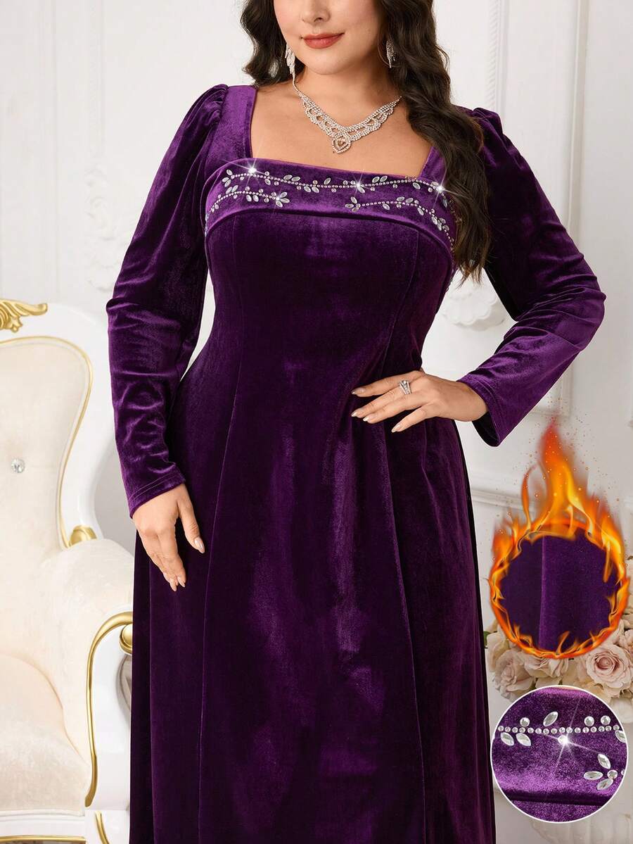 Modelyn Große Größen Elegantes Kleid für Damen mit Blumenmuster, Strass-Verzierung, quadratischem Ausschnitt und Puffärmeln - Violett - Übersicht 1