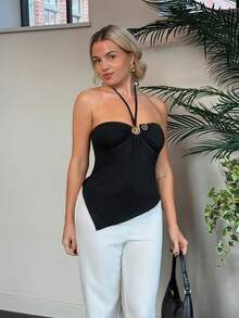 Bethéva Camisolă de vară pentru femei, culoare solidă, cu tiv asimetric, cu tiv încrețit, la modă, cu halter