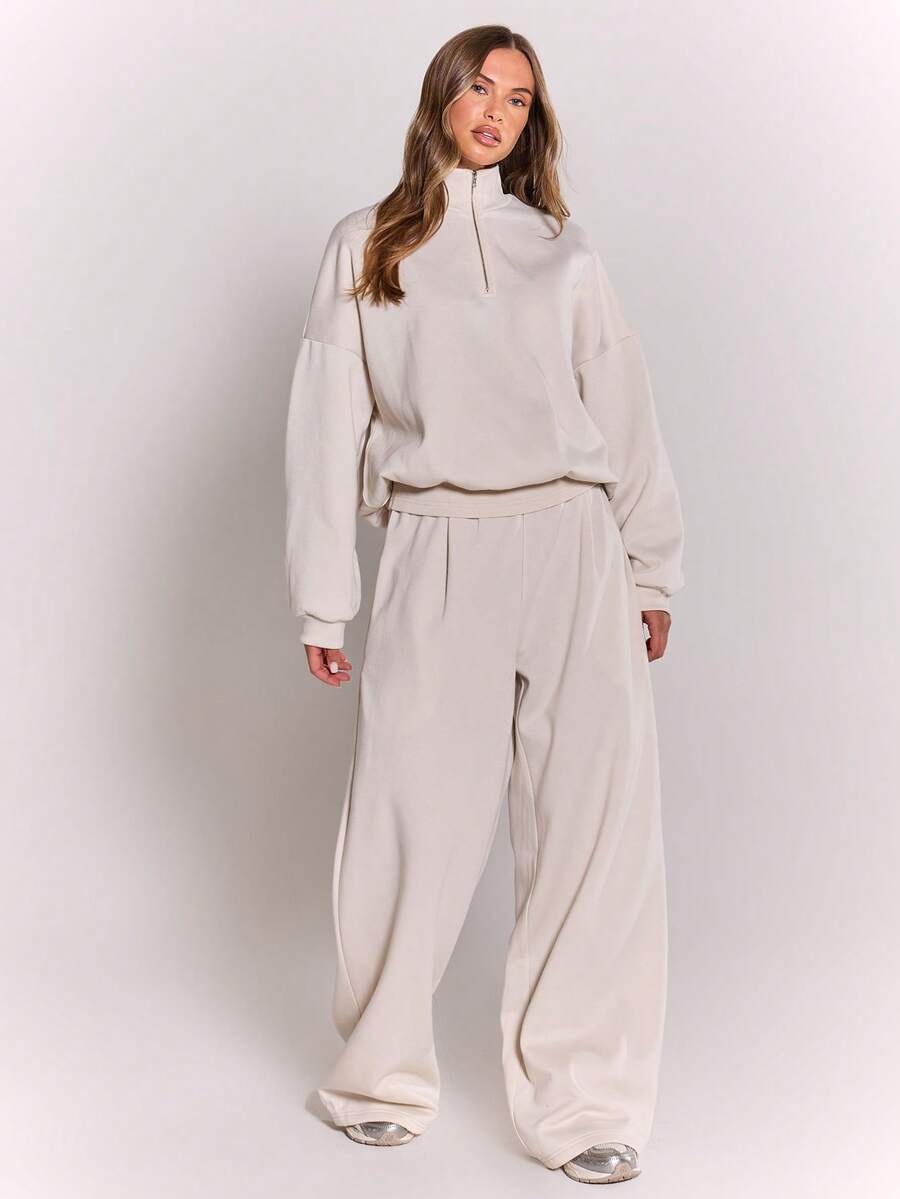 MUSERA Extreme Wide Leg Fold Over Waist Pants Casual Airport Fall Autumn Winter - Cream - View 1