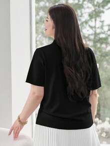 Dazy Plus ملابس علوية محبوكة ذات أكمام قصيرة ذات قالب متماسك بياقة بولو، للربيع/الصيف/الخريف - الأسود - مشاهدة 3