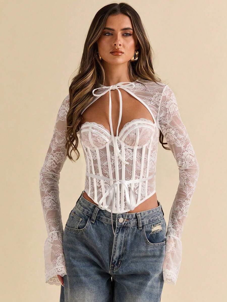 SHEIN BAE 夏季穿搭秋季内搭黑色蕾丝镂空上衣茶歇风宫廷风穿搭适合约会下午茶聚会旅行穿搭长袖上衣女上衣