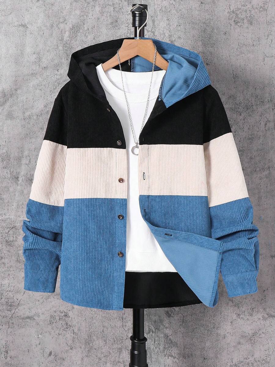 SHEIN 男童休闲日常舒适撞色连帽长袖宽松梭织衬衫 - 彩色 - 查看 1