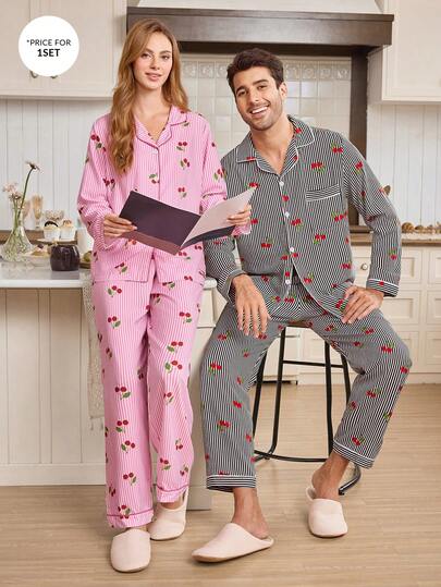 CoupledUp Heren pyjamaset met jacquardstreep, kersenprint, lange mouwen, top en broek, geschikt voor loungewear en bovenkleding, herfst- en winterkleding