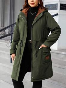 EMERY ROSE Fashionable Casual Retro Elegant Comfortable Contrast Color Patchwork Waist Cinched Padded Coat - Army Green - View 3