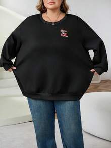 SHEIN CURVE+ Plus Size Casual Simple Cherry Embroidery Pattern Round Neck Long Sleeved Loose Women's Sweatshirt - Black - View 9