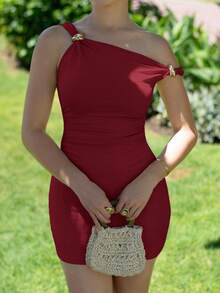 Andrea Bello Fitted Ruched Metal Buckle Detail Wine Red Dress,Club Outfits Women Sexy - Burgundy - View 4