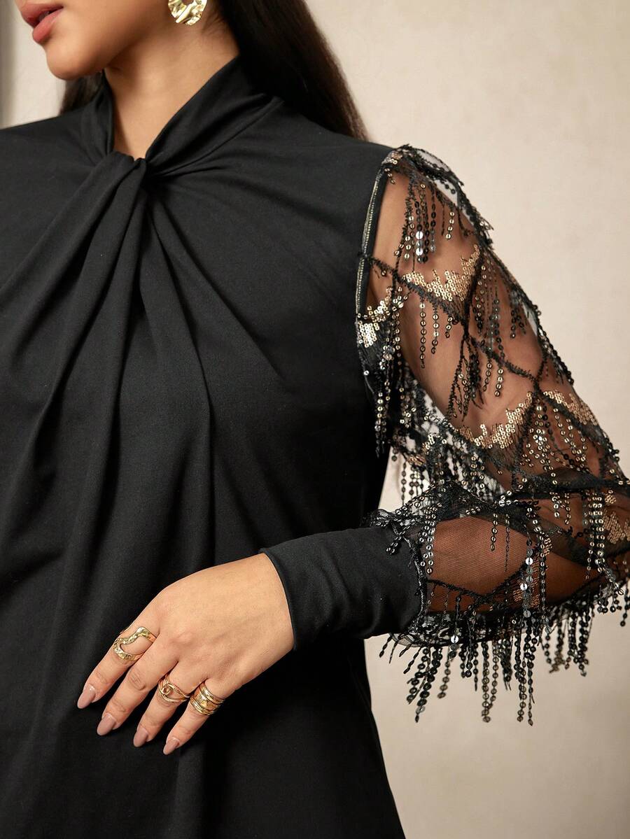 Zelara 大码亮片流苏网纱拼接扭结上衣 - 黑色 - 查看 1