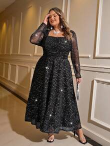 SHEIN CURVE+ Váy chữ A dài tay cổ vuông co giãn lưới bóng dáng chữ A thanh lịch dáng dài cỡ lớn dành cho nữ, thích hợp mặc vào mùa thu đông, thích hợp cho các buổi tụ họp khách và mặc ngoài trời - màu đen - Xem 6