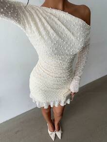 Aloruh Women's Sexy Asymmetrical Shoulder Long Sleeve Bodycon Mini Dress, Ruffle Hem Pleated Bodycon, Clubwear