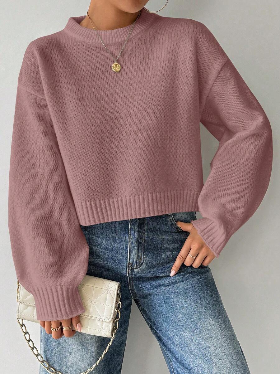 SHEIN LUNE Tropiluxe 女式纯色简约休闲圆领长袖白色毛衣 - 珊瑚粉 - 查看 1