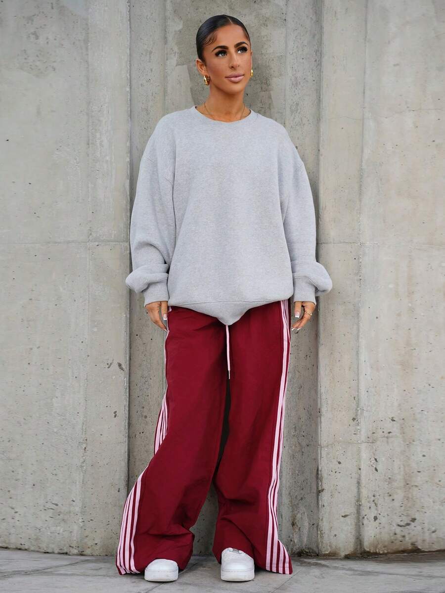 SAYEHFBABY Women's Elastic Waist Casual Loose Striped Sports Pants,Fall - Burgundy - View 1