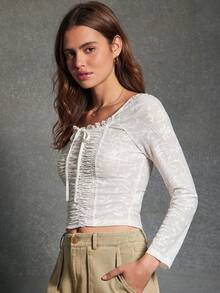 WESTFADE Floral Jacquard Knit Scoop Neck Bow Tie Front Shirred Fitted Long Sleeve Top Fall, Autumn, Winter, Casual, Boho, Holiday, Thanksgiving, New Year, Christmas, Western Wear - Multicolor - View 3