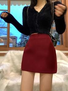 DAZY 女士羊毛混纺半身裙，休闲商务优雅百褶A字裙，适合秋冬季穿着 - 紅色 - 查看 8