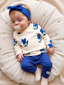 SHEIN 女婴秋季新款两件套，棕色碎花长袖圆领按扣上衣，休闲宽松长裤，复古时尚舒适百搭套装 - 藍色 - 查看 1