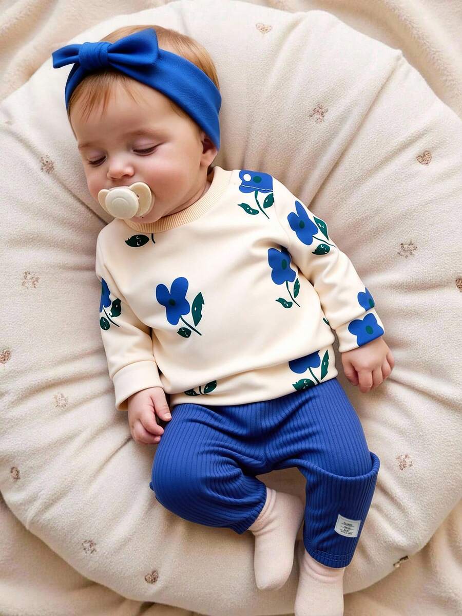 SHEIN 女婴秋季新款两件套，棕色碎花长袖圆领按扣上衣，休闲宽松长裤，复古时尚舒适百搭套装 - 藍色 - 查看 1