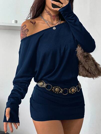 Coolane 1 pieza Vestido casual suelto de manga larga con hombro asimétrico de punto de unicolor para mujer