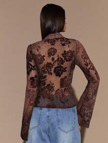 SHEIN BAE 女式黑色长袖上衣，性感深 V 领，植绒蕾丝喇叭袖，透视，简约优雅浪漫，适合秋冬季分层穿着、约会、派对 - 棕色 - 查看 2