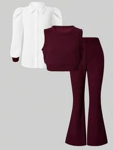 SHEIN Sparklyn 三件套休闲时尚针织高弹力背心喇叭裤，适合少女穿着，长袖翻领白衬衫，舒适轻薄，优雅派对假日春秋季三件套 - 彩色 - 查看 3