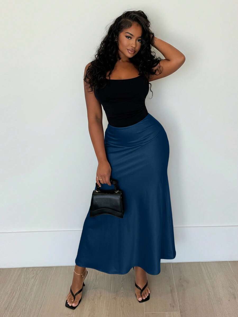 Alexandranx Women's Solid Color High Waist Elegant Mermaid Skirt Maxi - Navy Blue - View 1