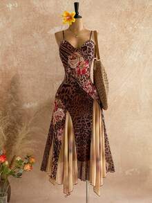 Soleia 新款休闲度假西部海滩婚礼宾客服装毕业早午餐女式连衣裙，优雅波西米亚热带不对称针织网眼棕色玫瑰豹纹连衣裙，适合圣帕特里克节、春假、复活节、音乐节 - 棕色 - 查看 7