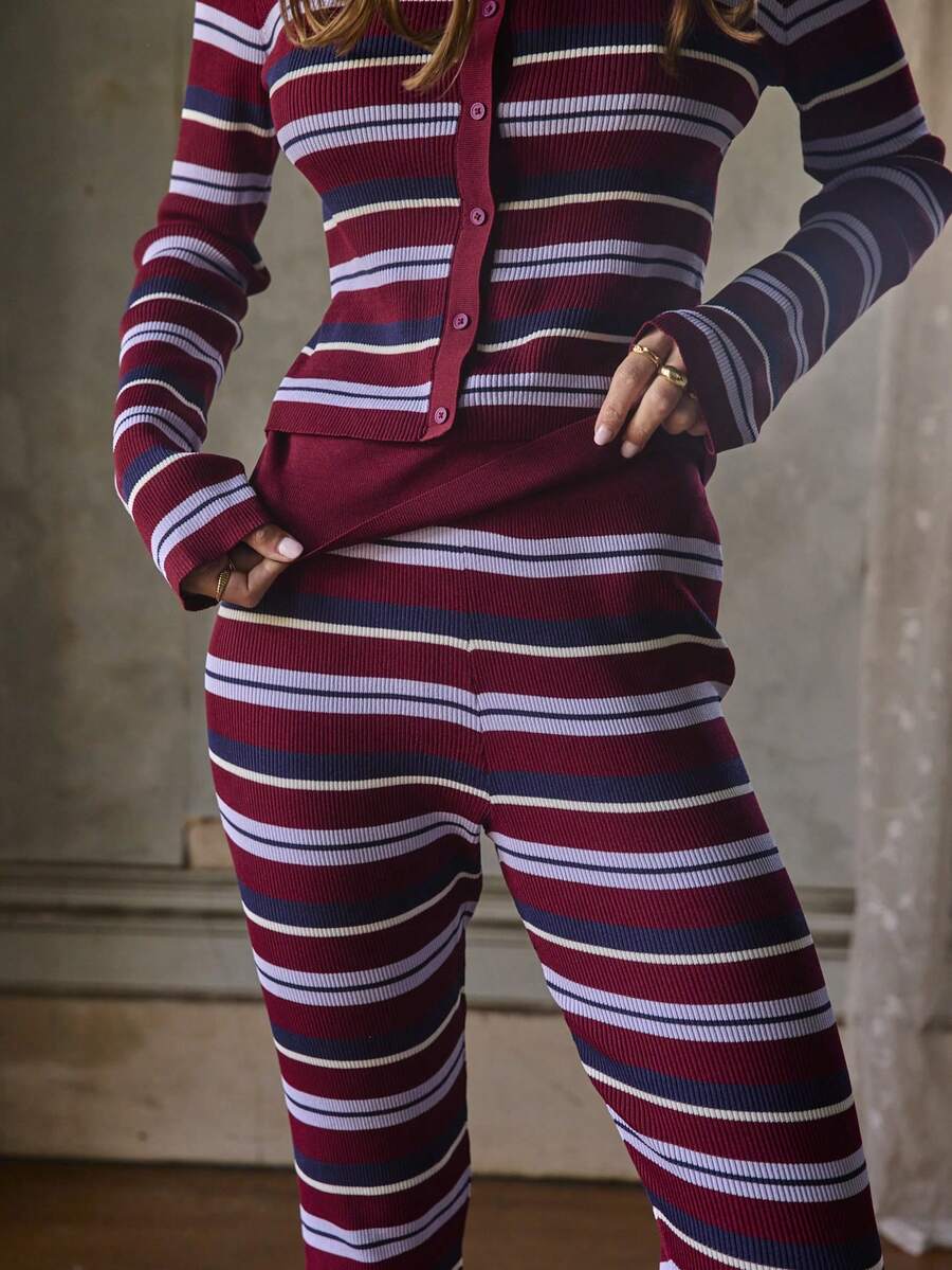 Aralina Conjunto de dos piezas elegante de pantalones acampanados de punto acanalado con botones y manga larga a rayas retro para vacaciones - Multicolor - Ver 1