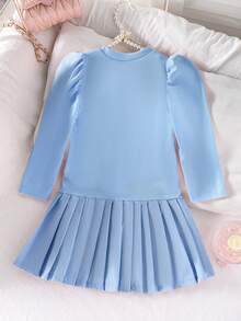 SHEIN Elladie kids 女童时尚白色花朵装饰褶皱下摆黑色圆领长袖连衣裙，舒适时尚，秋冬款 - 藍色 - 查看 2